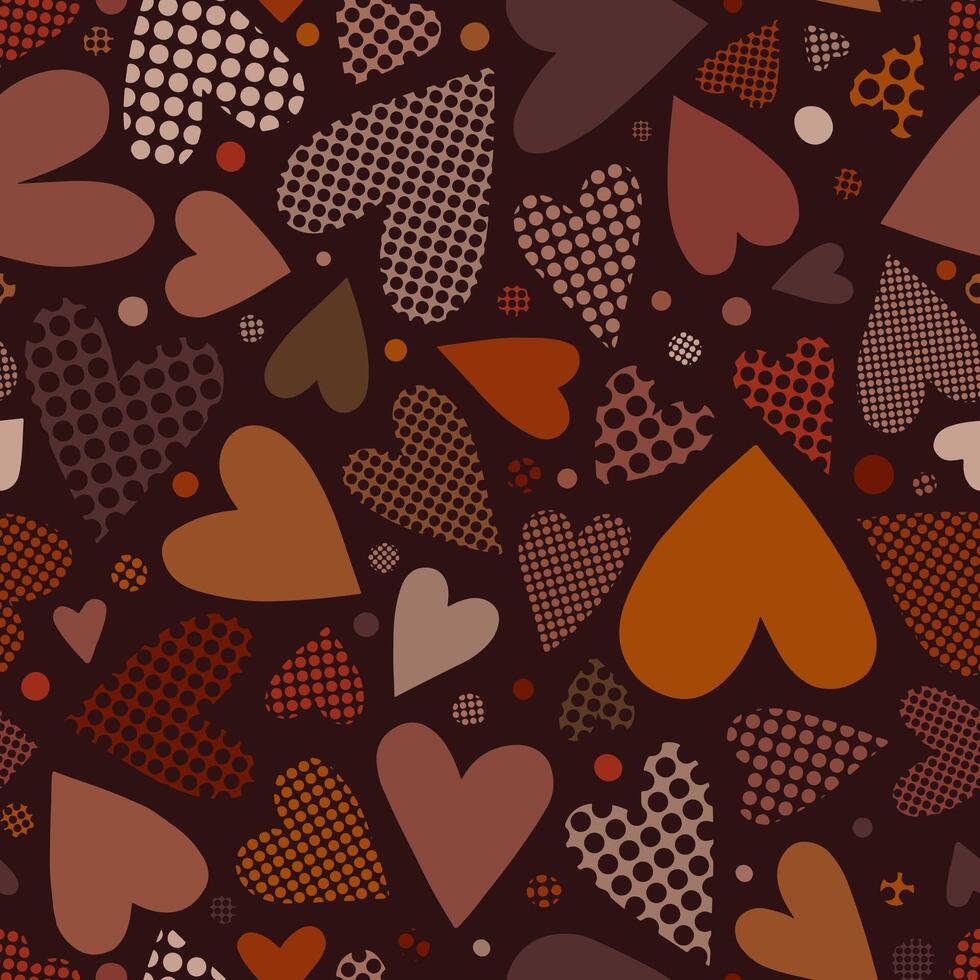 Seamless Valentines Day Pattern with Hearts and Circles on Brown Background vector