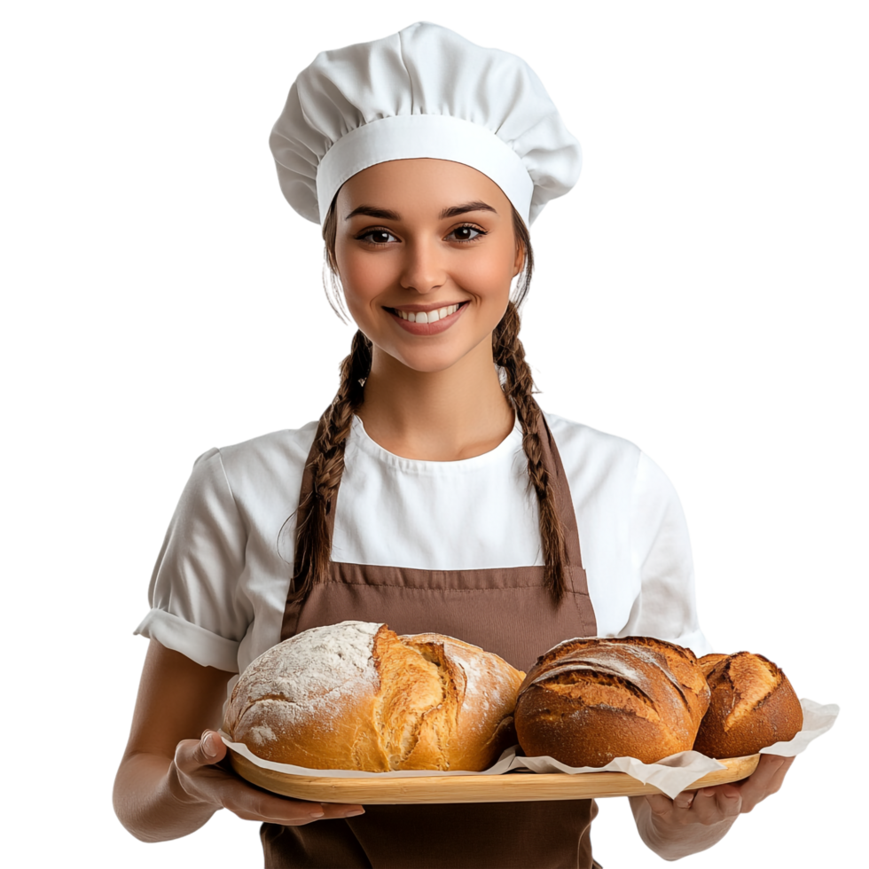 A young woman in an apron holding bread and rolls png