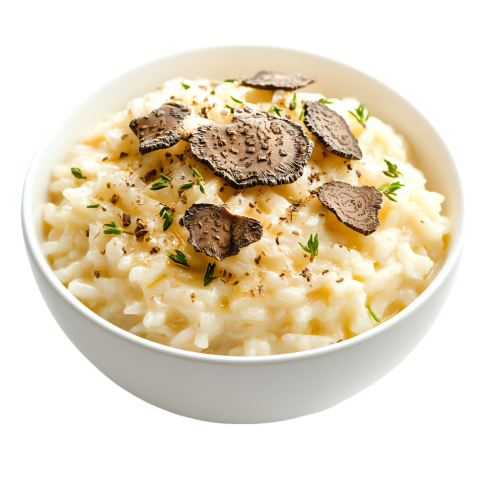 A bowl of risotto with mushrooms and herbs png