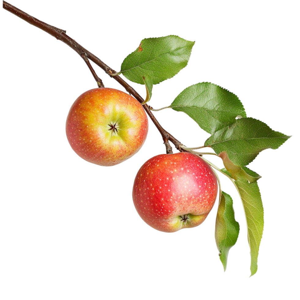 Two apples on a branch with leaves png