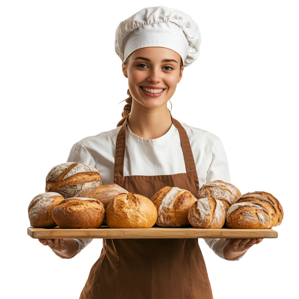 A woman in an apron holding a tray of bread png