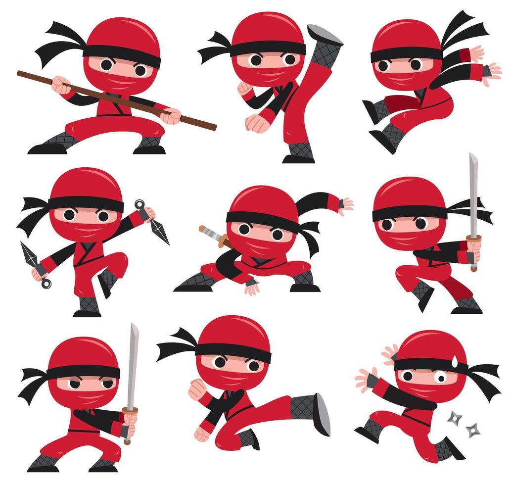 Cartoon Ninja character set. fighting poses vector
