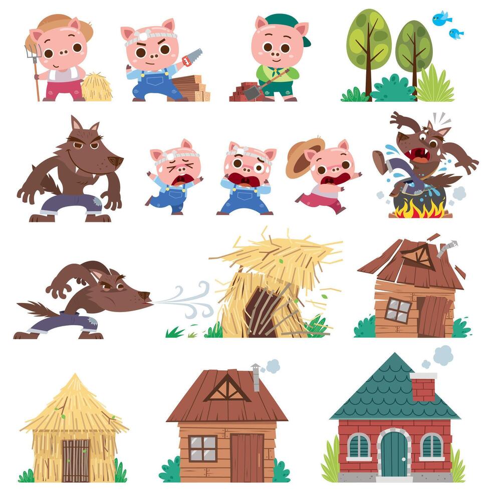 Cartoon The Three little pigs. Set of cute characters vector