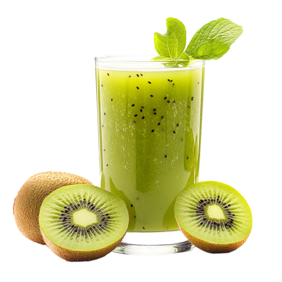 A glass of green juice with kiwi slices png