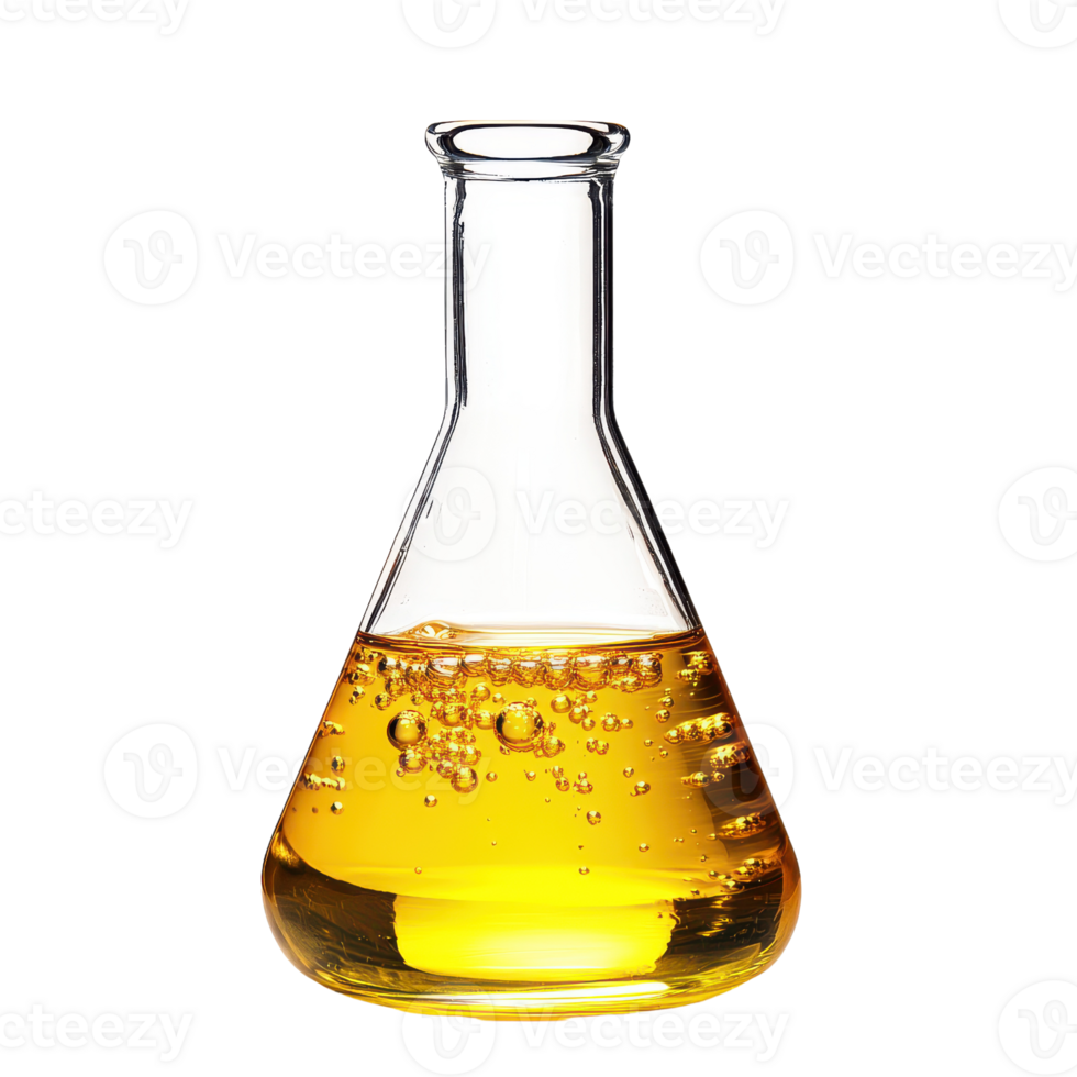 Golden Liquid in Erlenmeyer Flask Science Chemistry Lab Research Experiment Bubbles Fluid Amber png