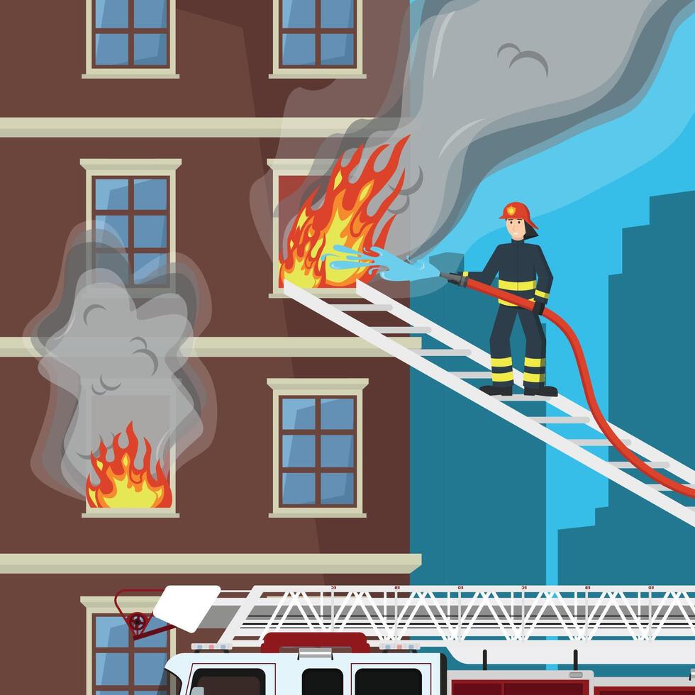 Firefighter extinguishes fire in multi-storey building. Firefighting concept. Rescue operation. vector