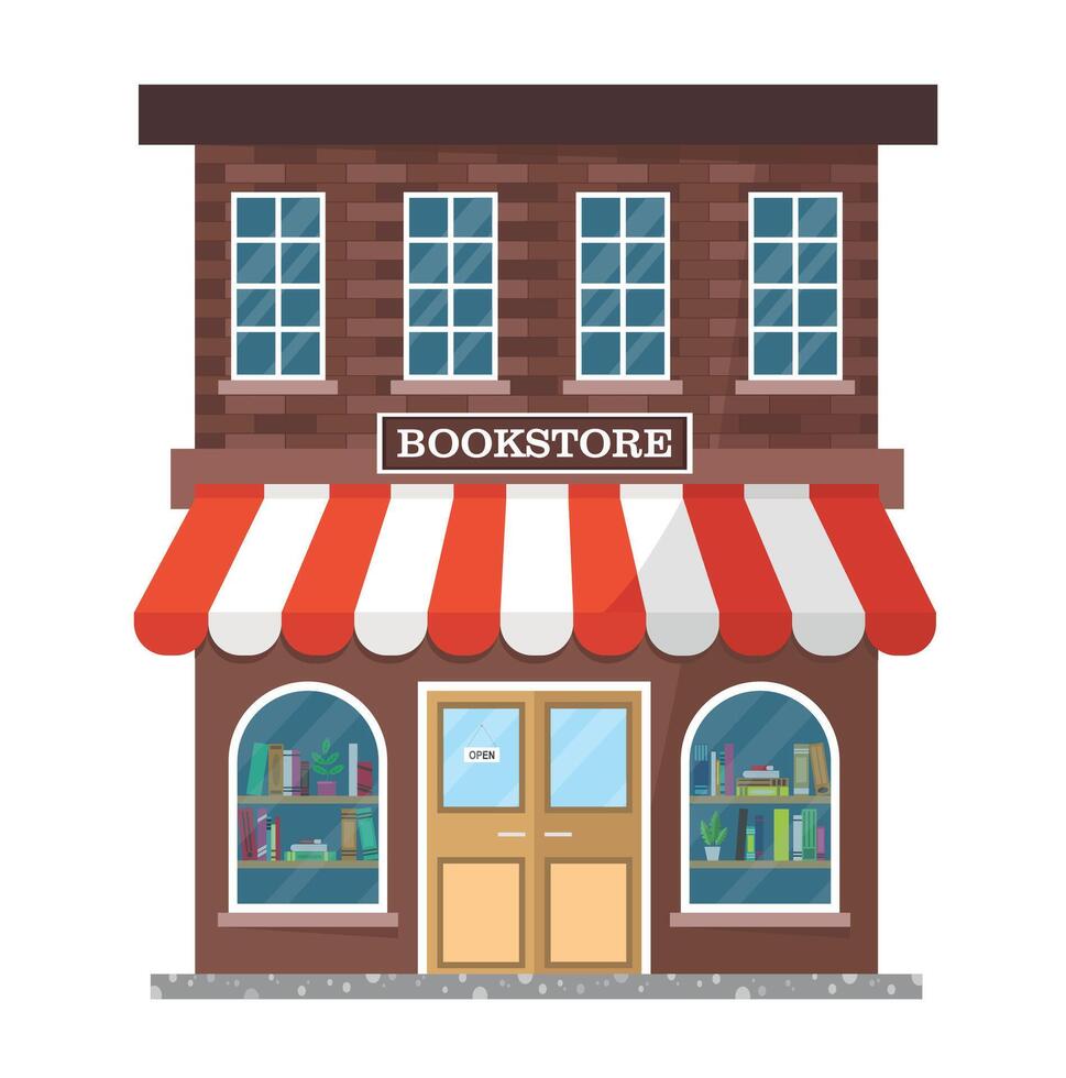Icon of city bookstore building with canopy. Book day banner concept. vector