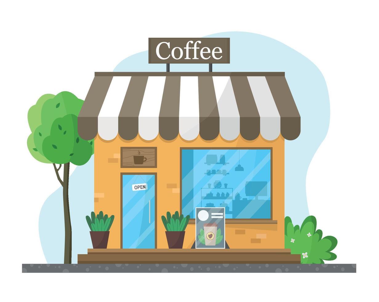 Coffee shop building icon with sign board and plants near entrance. vector