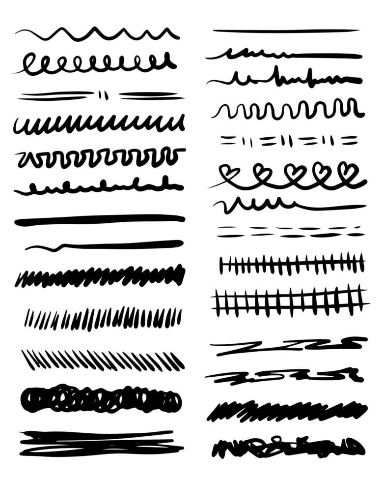 Set of artistic pen brushes. Hand drawn grunge strokes. Doodle lines, various dividers for web sites. vector