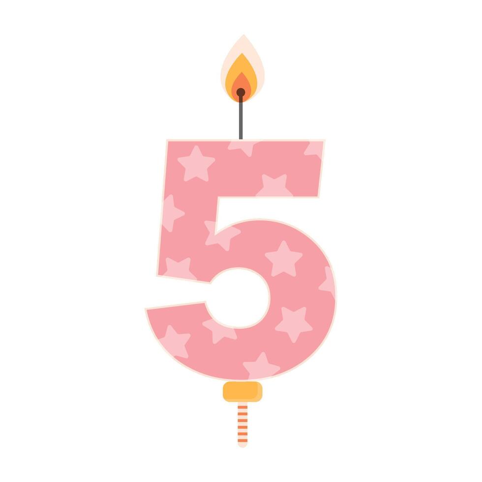 Pink birthday cake candle with flame light. Five year old celebration. Birthday party item. vector