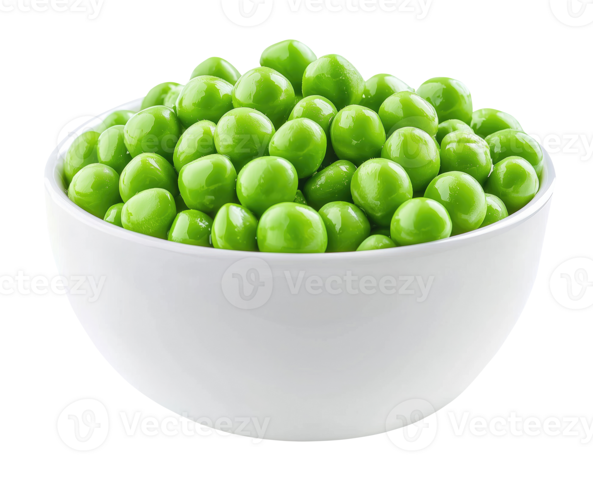 White bowl with green peas isolated on transparent background, top view png