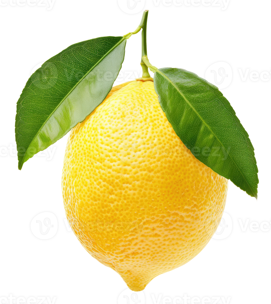Twig with lemon and two leaves isolated on transparent background png