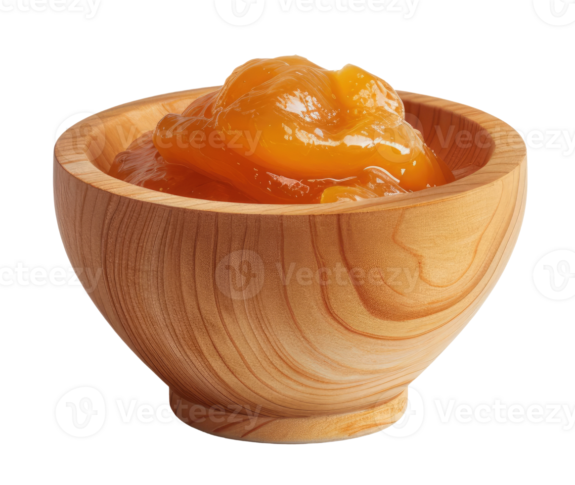 Wood bowl with peach jam isolated on transparent background png