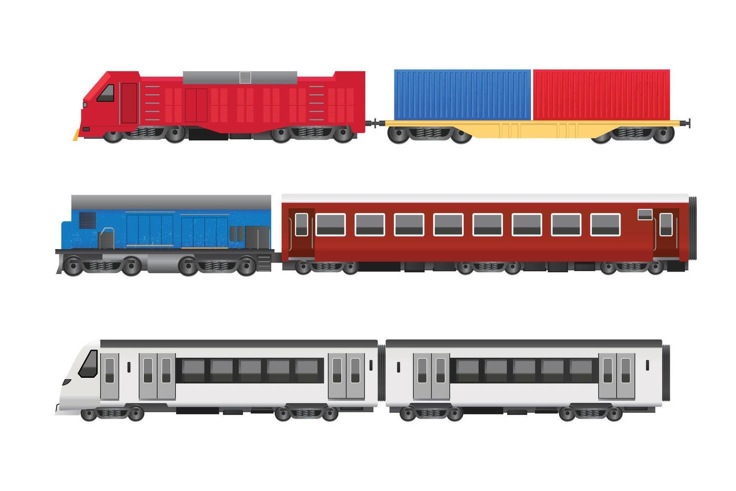 Set of various trains. cargo, Subway transport, Isolated railway transport set vector
