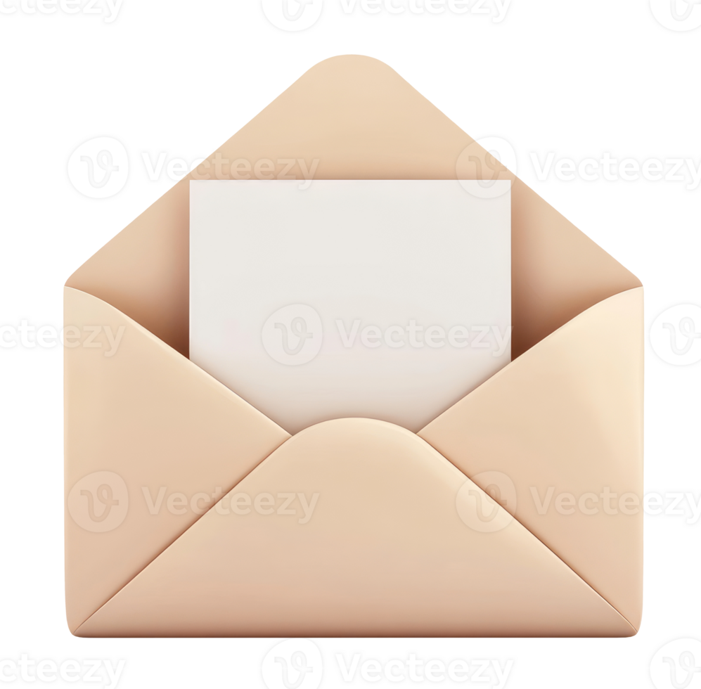 Illustration of an open envelope with blank white paper isolated on transparent background png