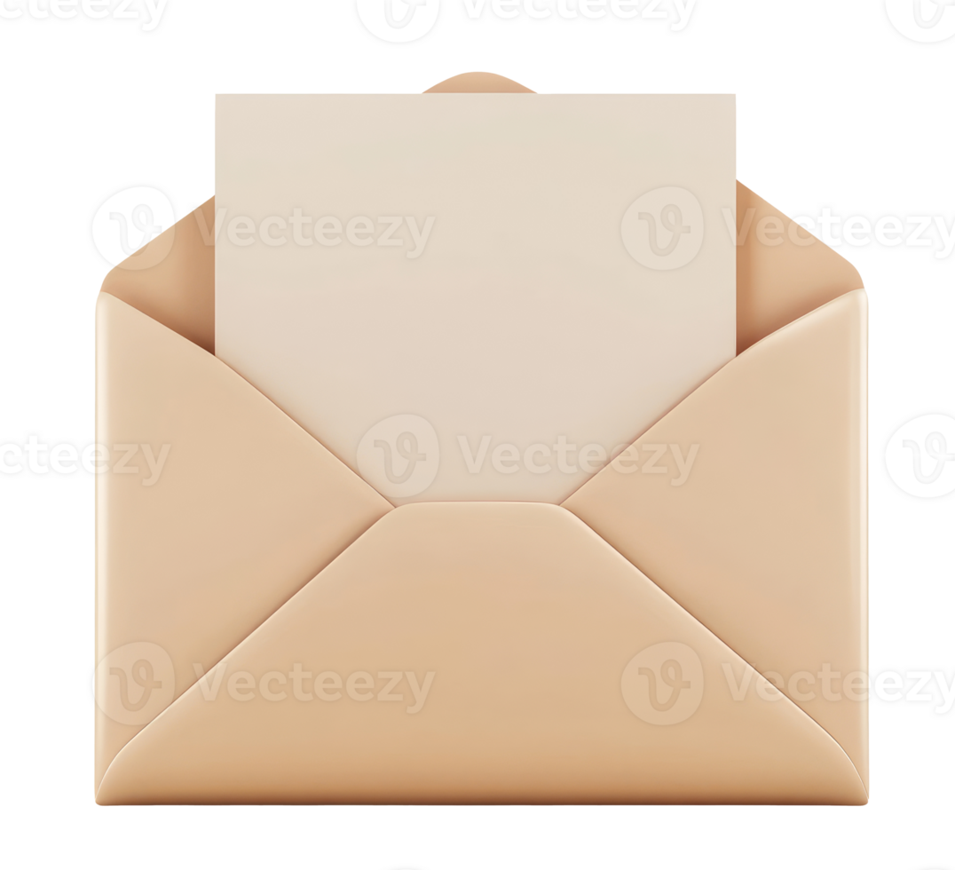 Illustration of an open brown envelope with blank paper isolated on transparent background png