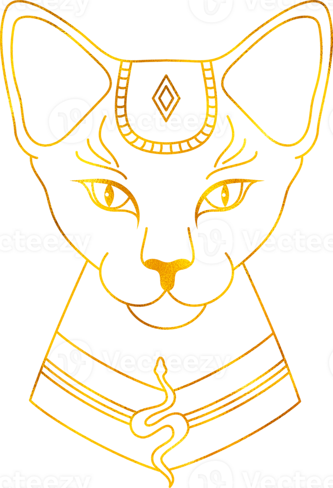 Egyptian cat in line art style with golden foil effect. png