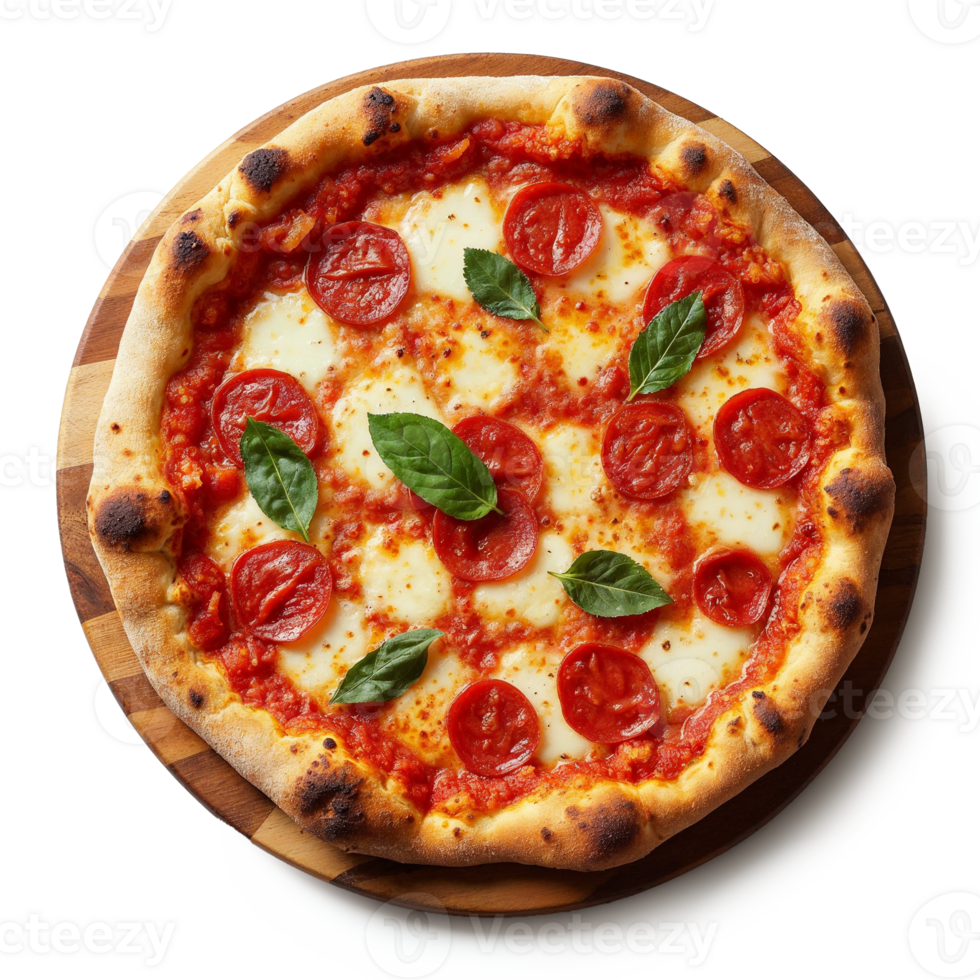 A pizza on a wooden plate png