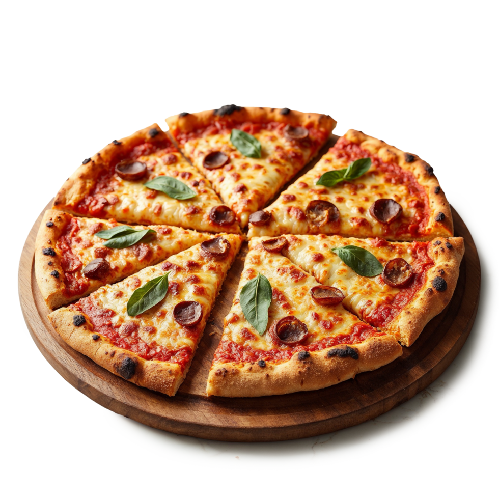 A pizza with cheese and basil on a wooden plate png