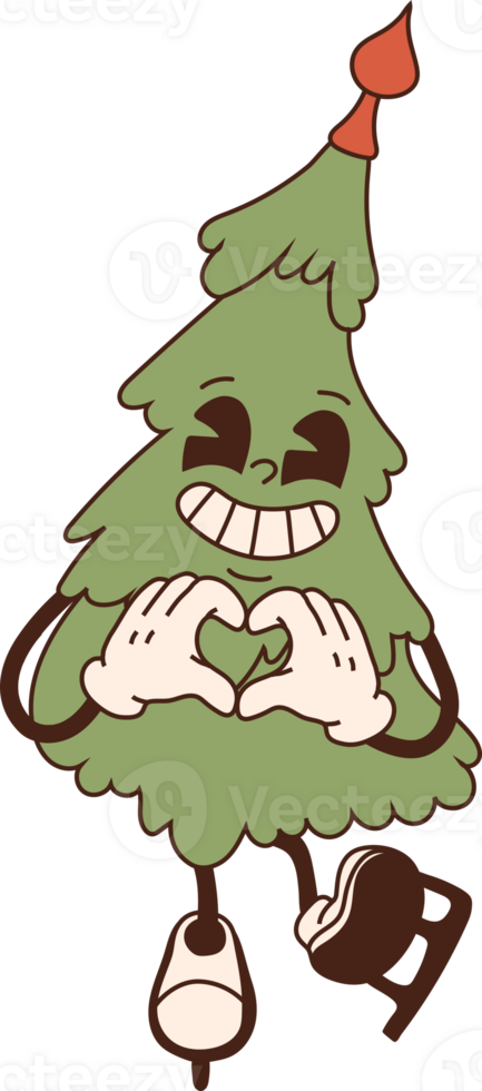 Retro Christmas tree character. 40s, 50s, 60s old animation style in skates. Christmas mascot png