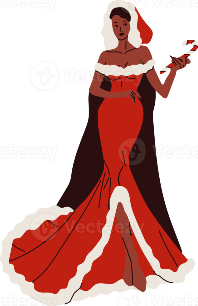 A woman in santa claus costume holding a candy cane png