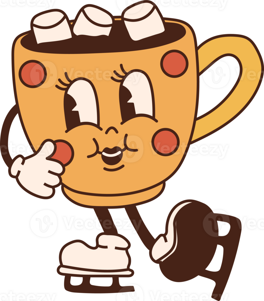 A retro cartoon cup of hot chocolate with marshmallows and a candy cane, designed as a Christmas mascot character png