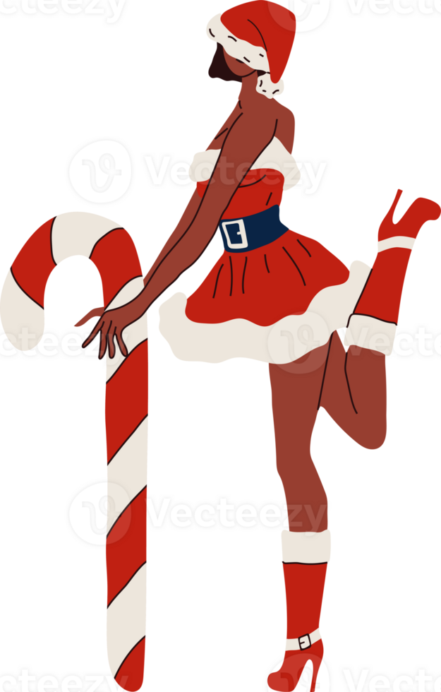 A woman in santa claus costume holding a candy cane png
