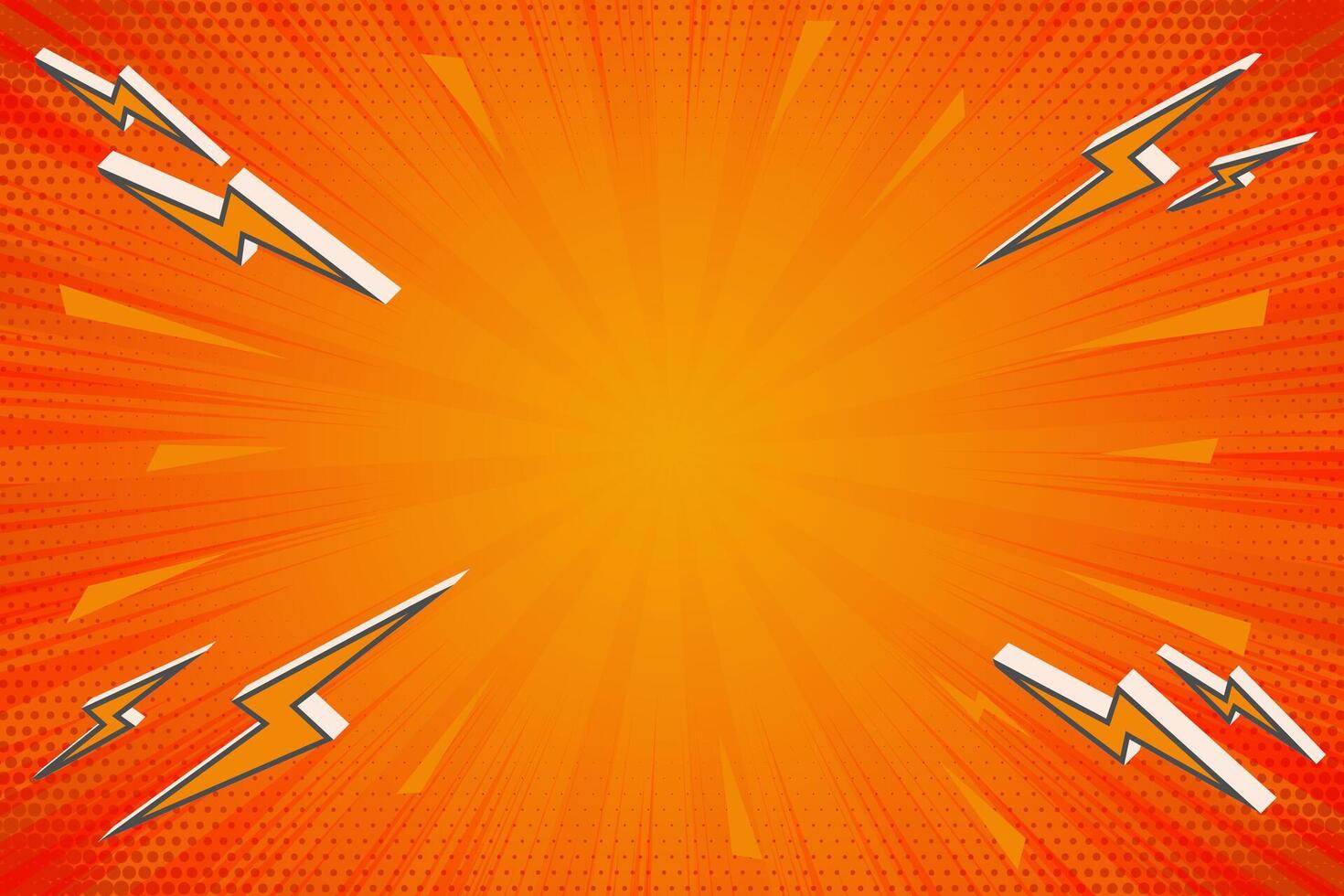 Comic yellow cartoon background. Orange pop art sunburst pattern. Vintage halftone effect wallpaper. Manga book textured explosion on shiny radial gradient with flash and lightnings. vector