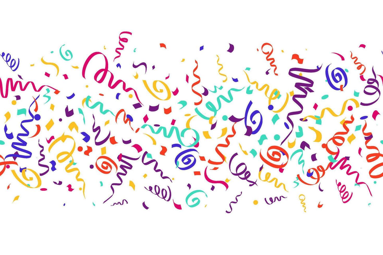 Confetti border isolated on white background for birthday party design. Color ribbons and falling serpentine decoration. Festive elements on white background vector