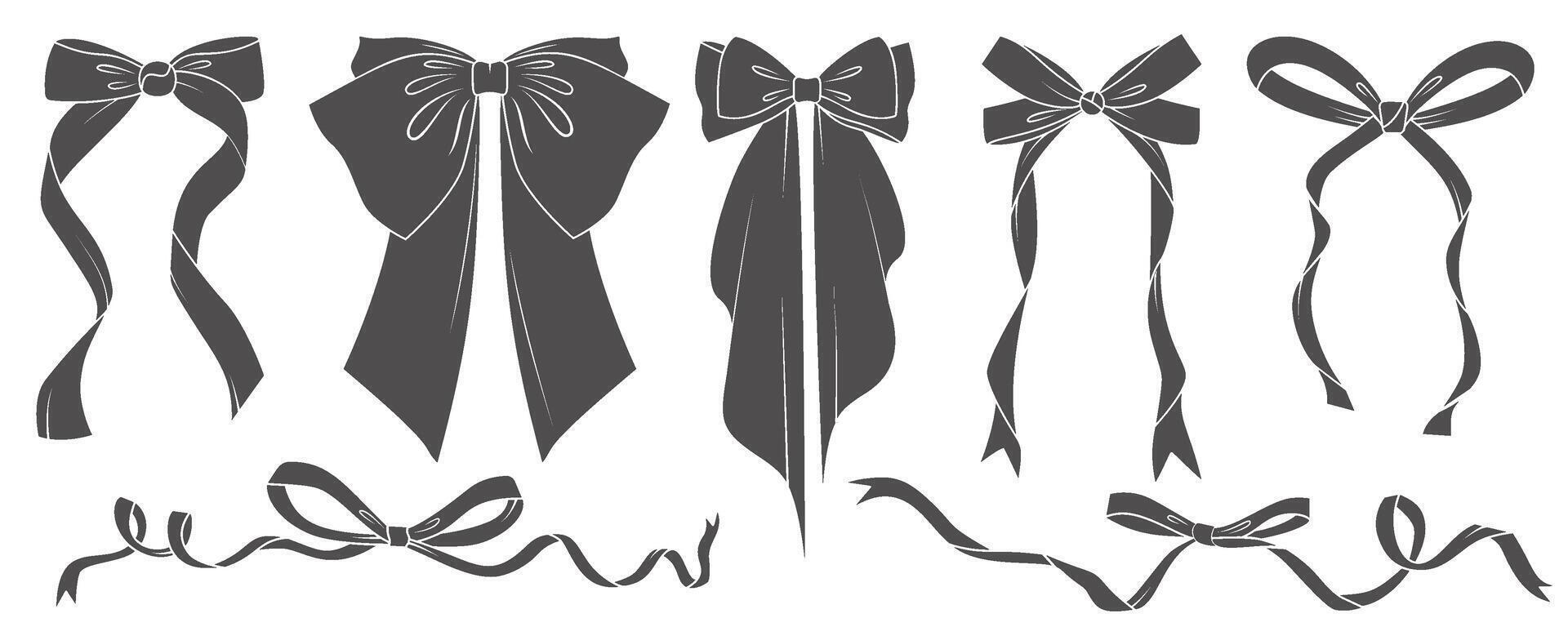 Ribbon bow with knot for gift and hair. Icons and doodle black silhouette. Hand drawn flat design for birthday and Christmas holidays presents decoration. Fashion elements accessories. vector
