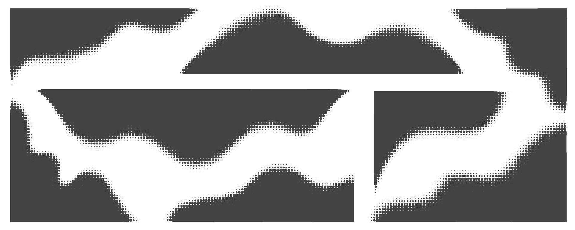 Dotted corners. Noise gradient fade effect. Halftone grunge gradation shadow. Gritty shade borders. Black wavy shapes set. vector