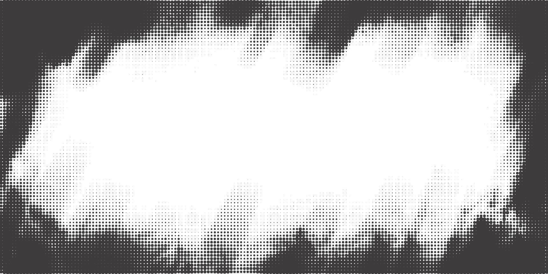 Halftone background with dotted texture. Gradient grunge frame. Noisy comic pattern. Vintage fade black border. Abstract old gritty screentone. vector