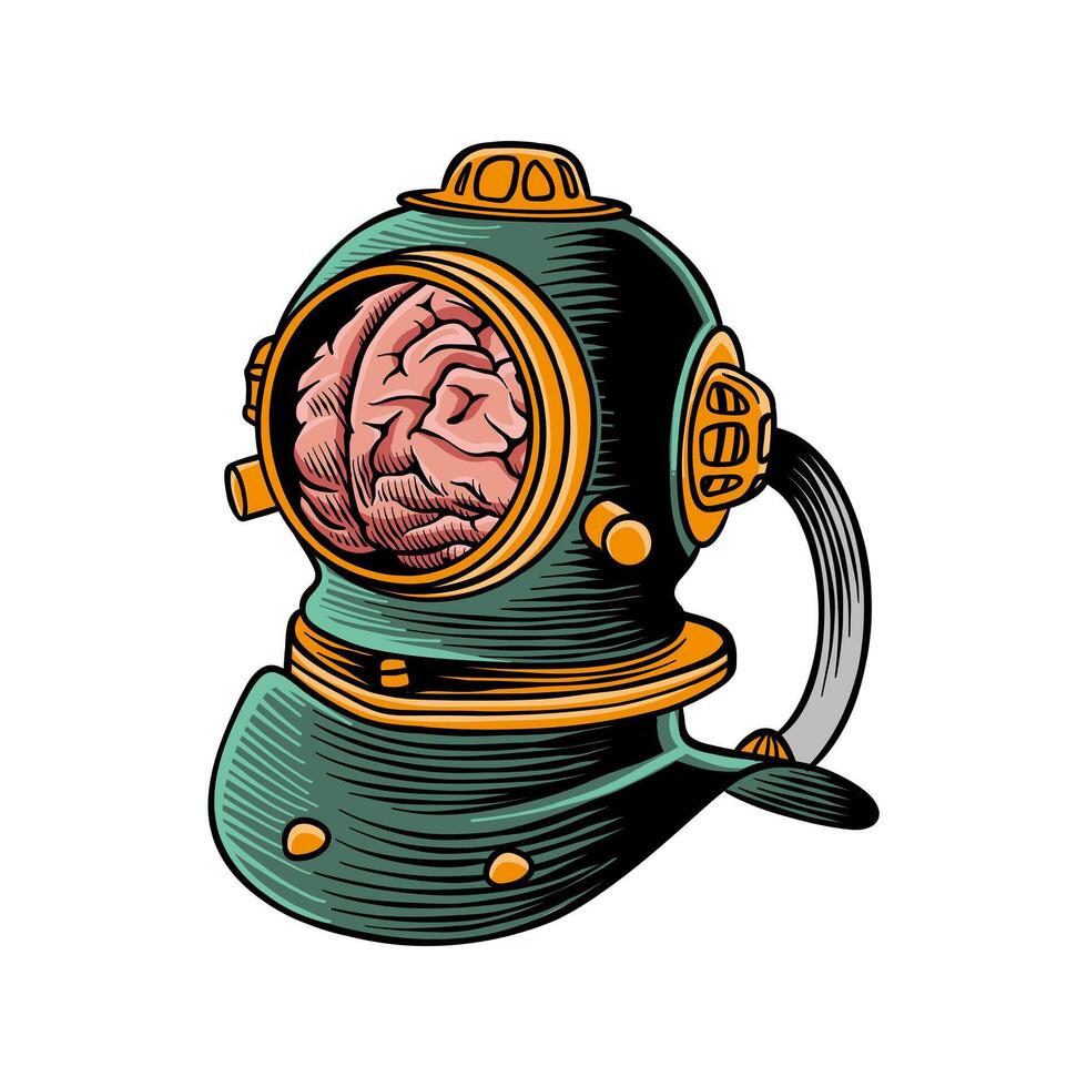 colored illustration of a brain wearing an old wetsuit vector