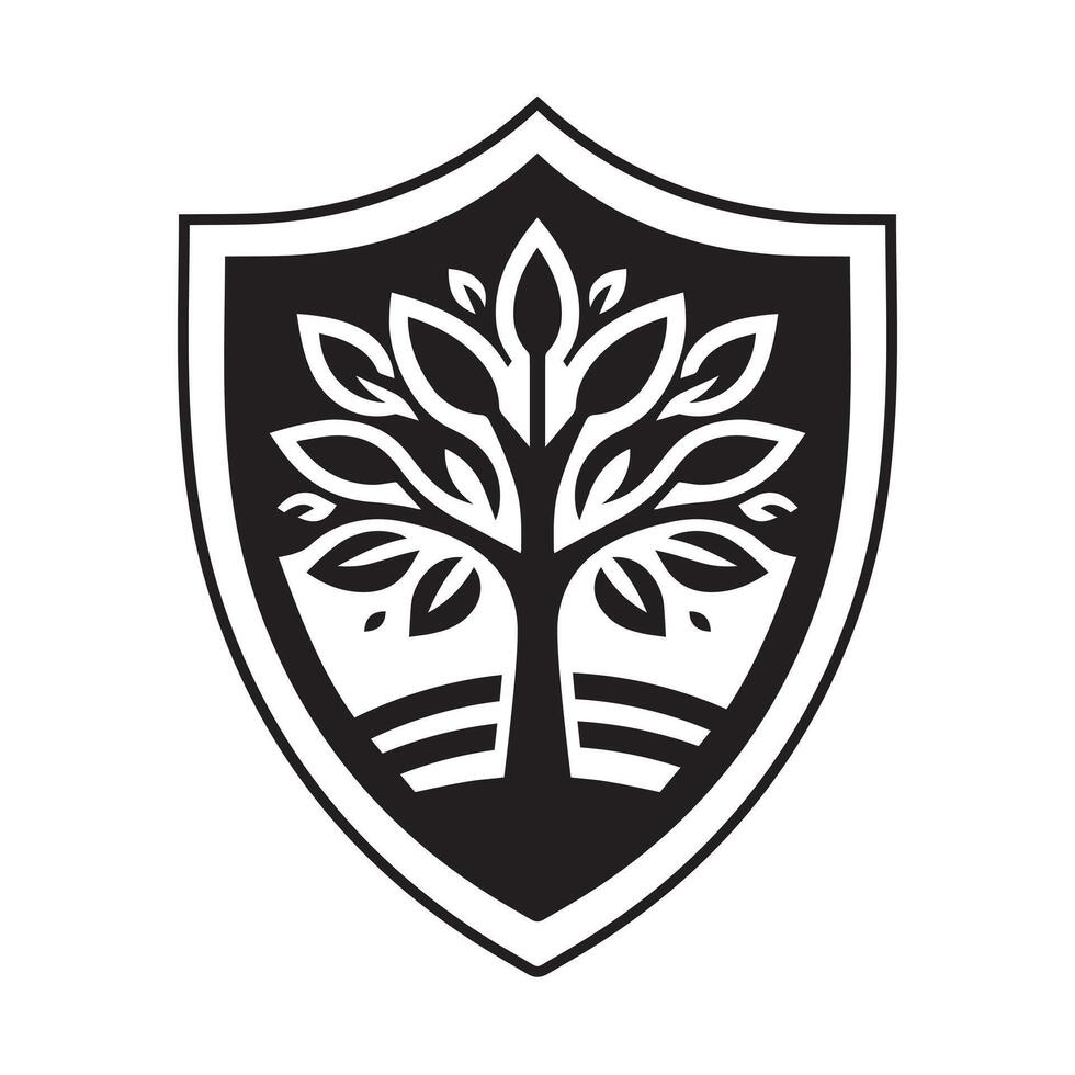 A tree shield logo black and white shape vector