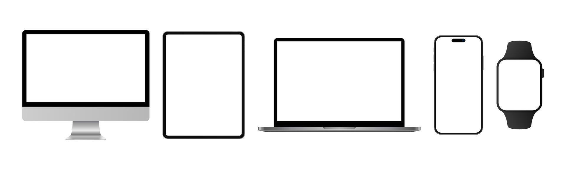 Desktop Tablet PC Laptop Mobile Phone Smartwatch Realistic Modern Devices Mockup Set Illustration vector
