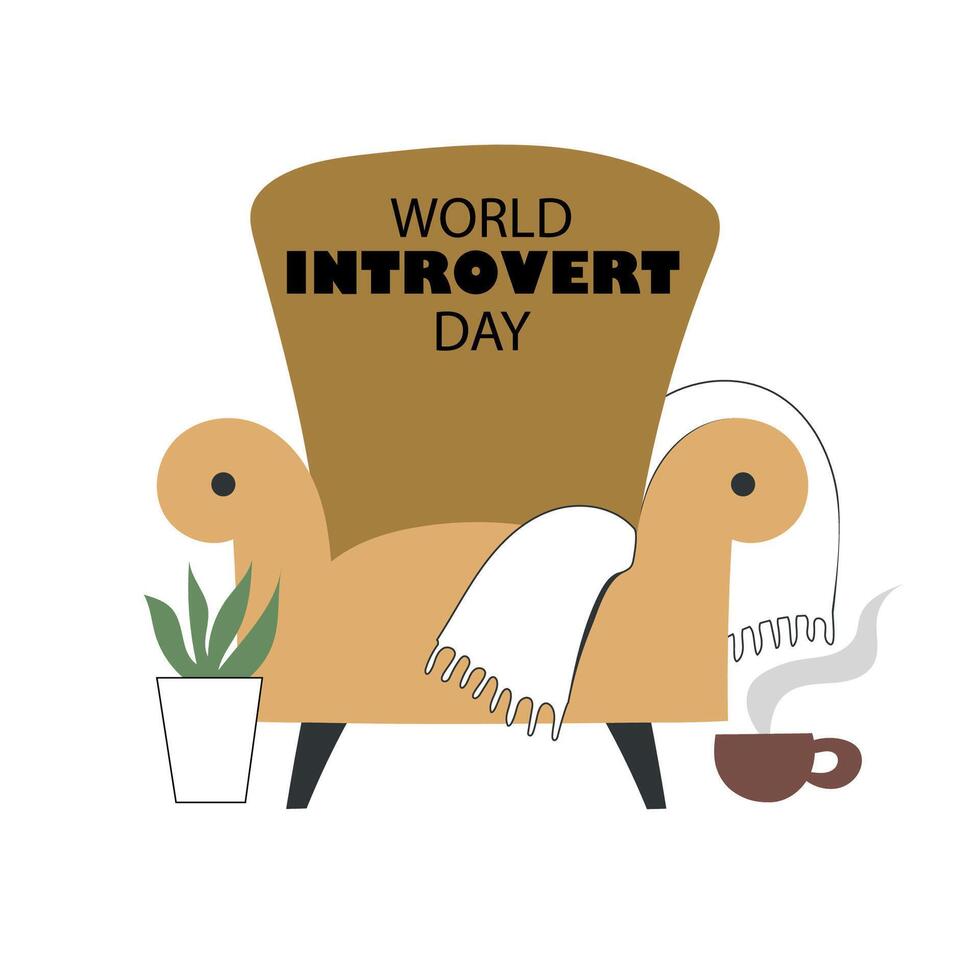 World introvert day banner with symbol of introvert. Cozy armchair, hot drink in cup vector