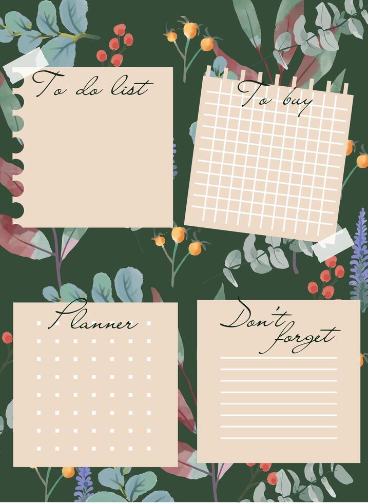 Set of seasonal autumn, winter printable pages, Christmas wish list,Christmas menu, to do list, to buy.Illustration, hand drawn plant elements vector