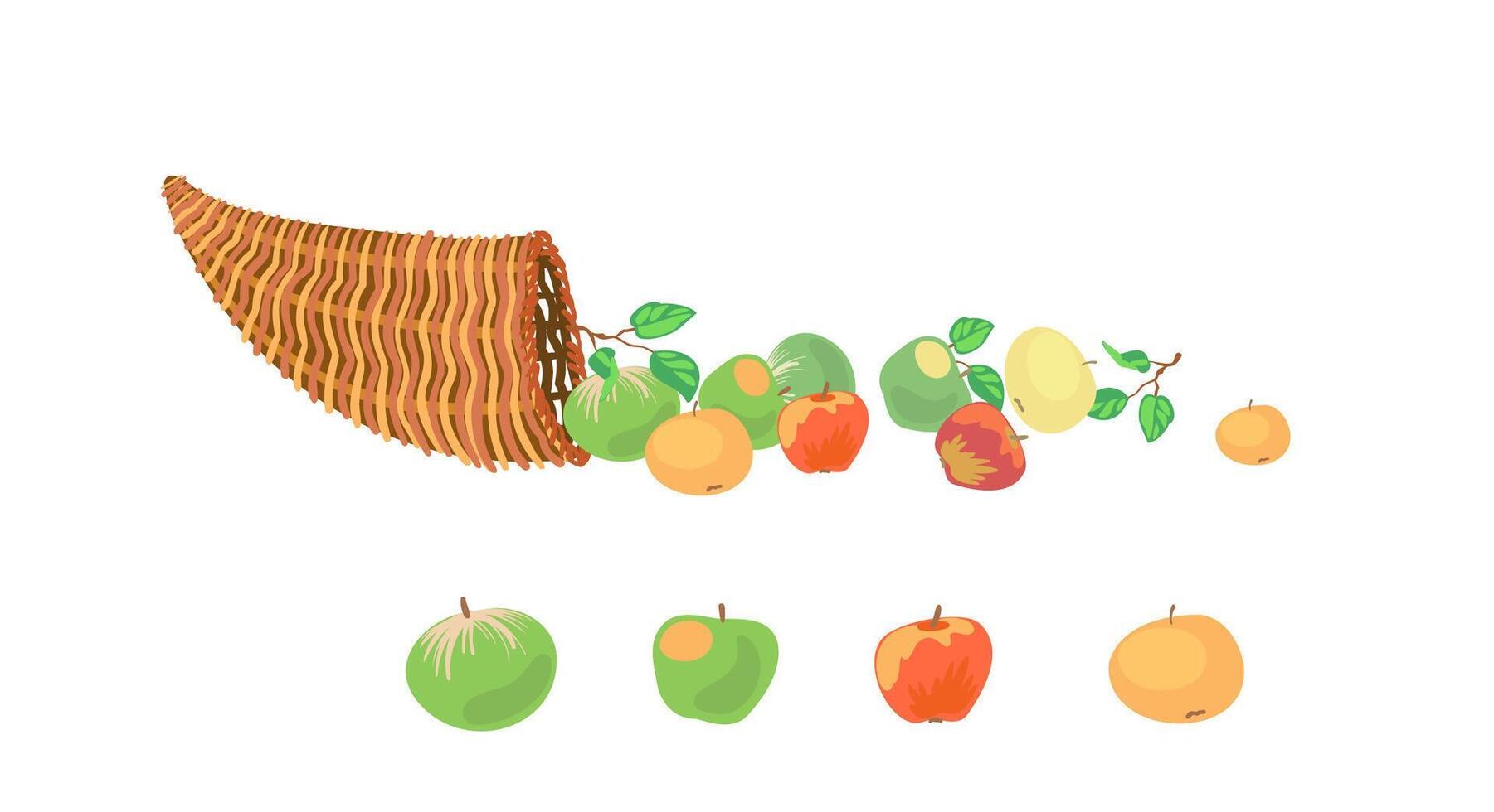 Apple fruit set with wicker cornucopia. Engraved organic food hand drawn sketch vector