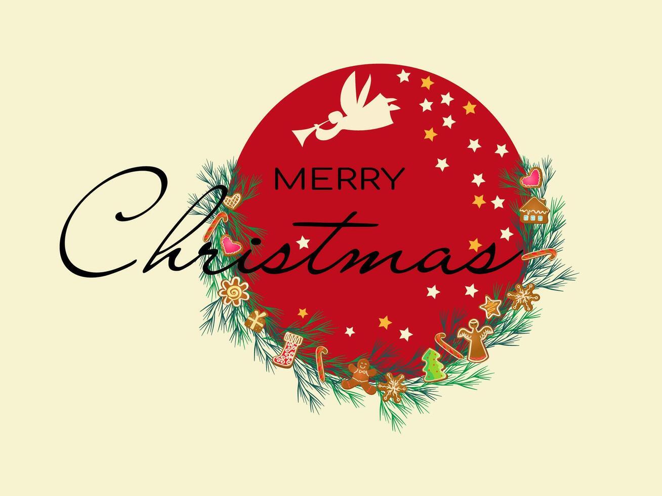 Christmas greeting card with hanging gingerbread cookies, spruce branch, red background. Cute illustration vector
