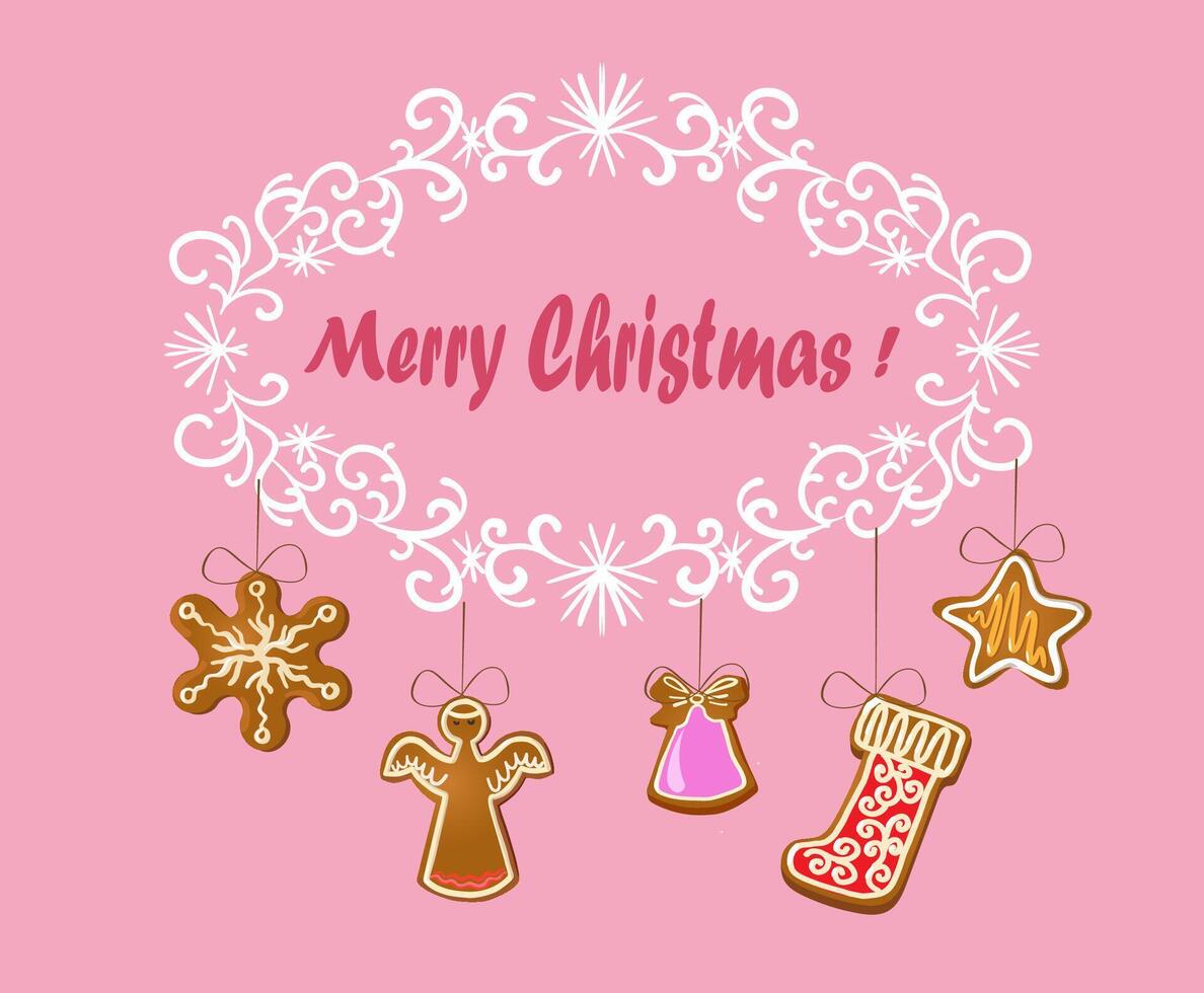 Christmas greeting card with hanging gingerbread cookies, pink background. Cute illustration in flat style vector