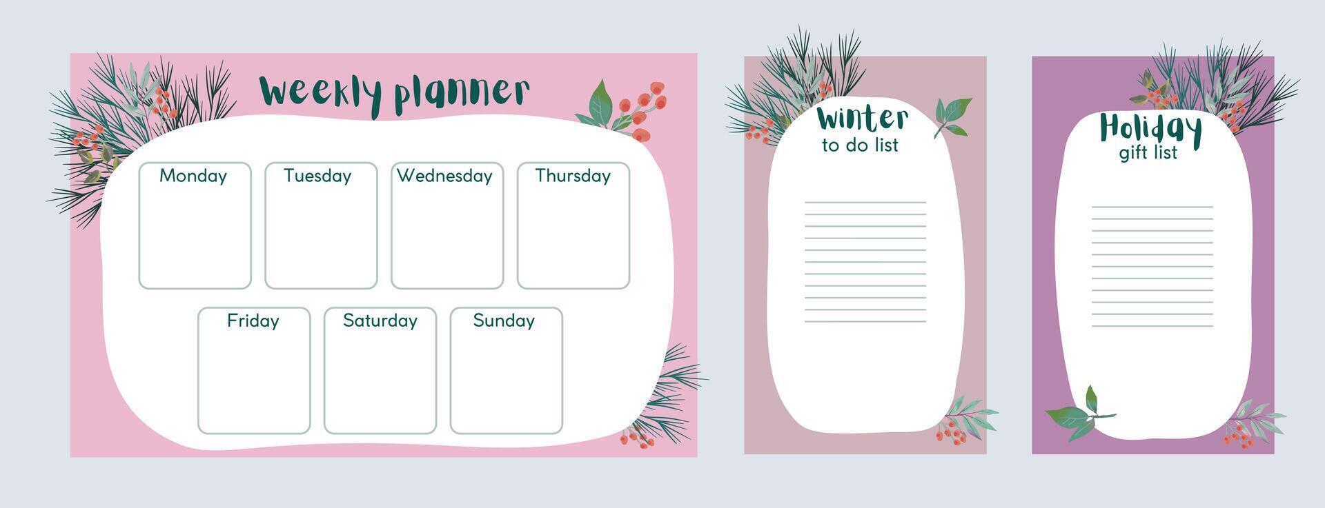 Set of seasonal autumn, winter printable pages, Christmas wish list,Christmas menu, to do list, to buy, hand drawn plant elements vector