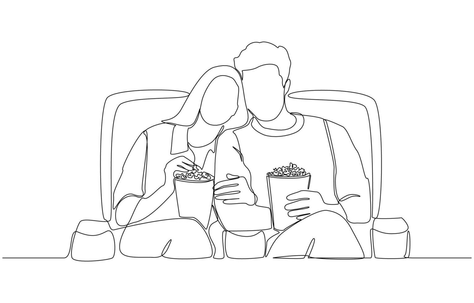 Continuous one line drawing of couple watching movie and eating popcorn at cinema, couple spending time together concept, single line art vector