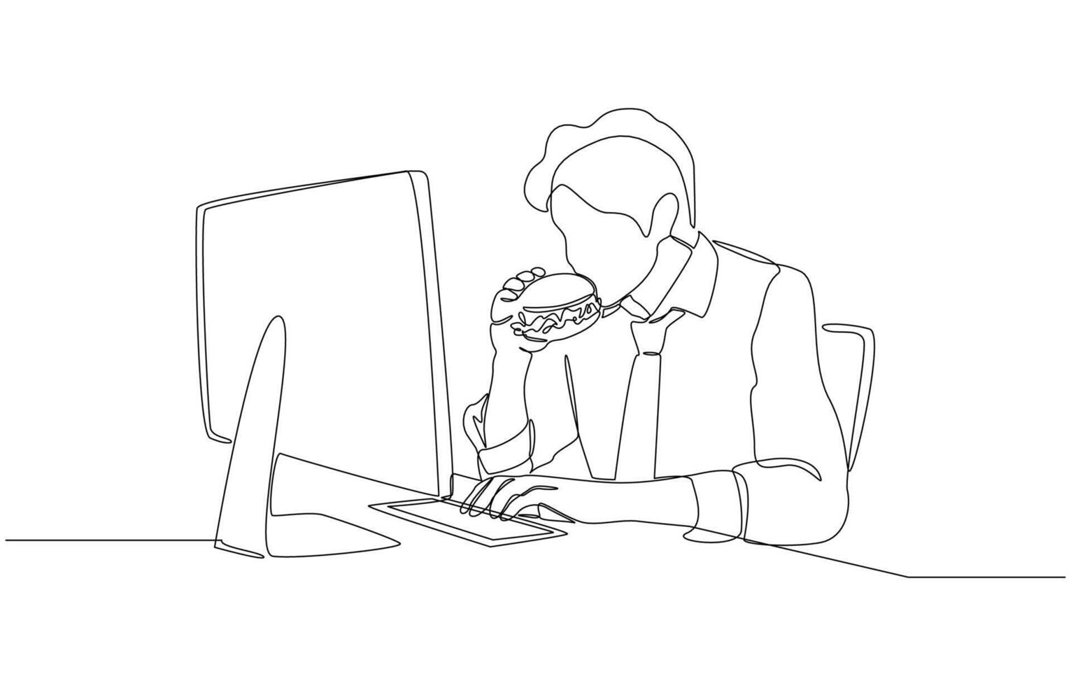 One line drawing of male office worker looking at pc screen while eating hamburger, urgent work or busy office work concept, single line art vector