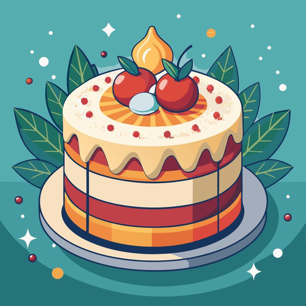 Colorful Christmas dessert with fruits and cream topping on a plate vector