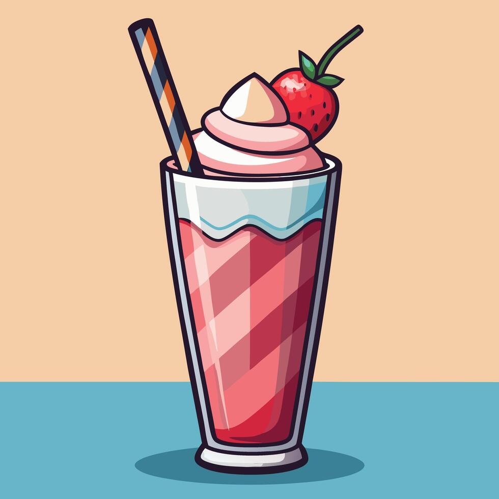 Strawberry milkshake with whipped cream and cherry on top vector