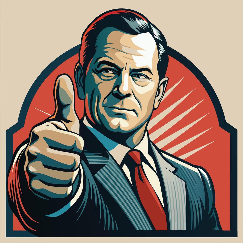 Thumbs up gesture with a confident man in a suit and tie vector
