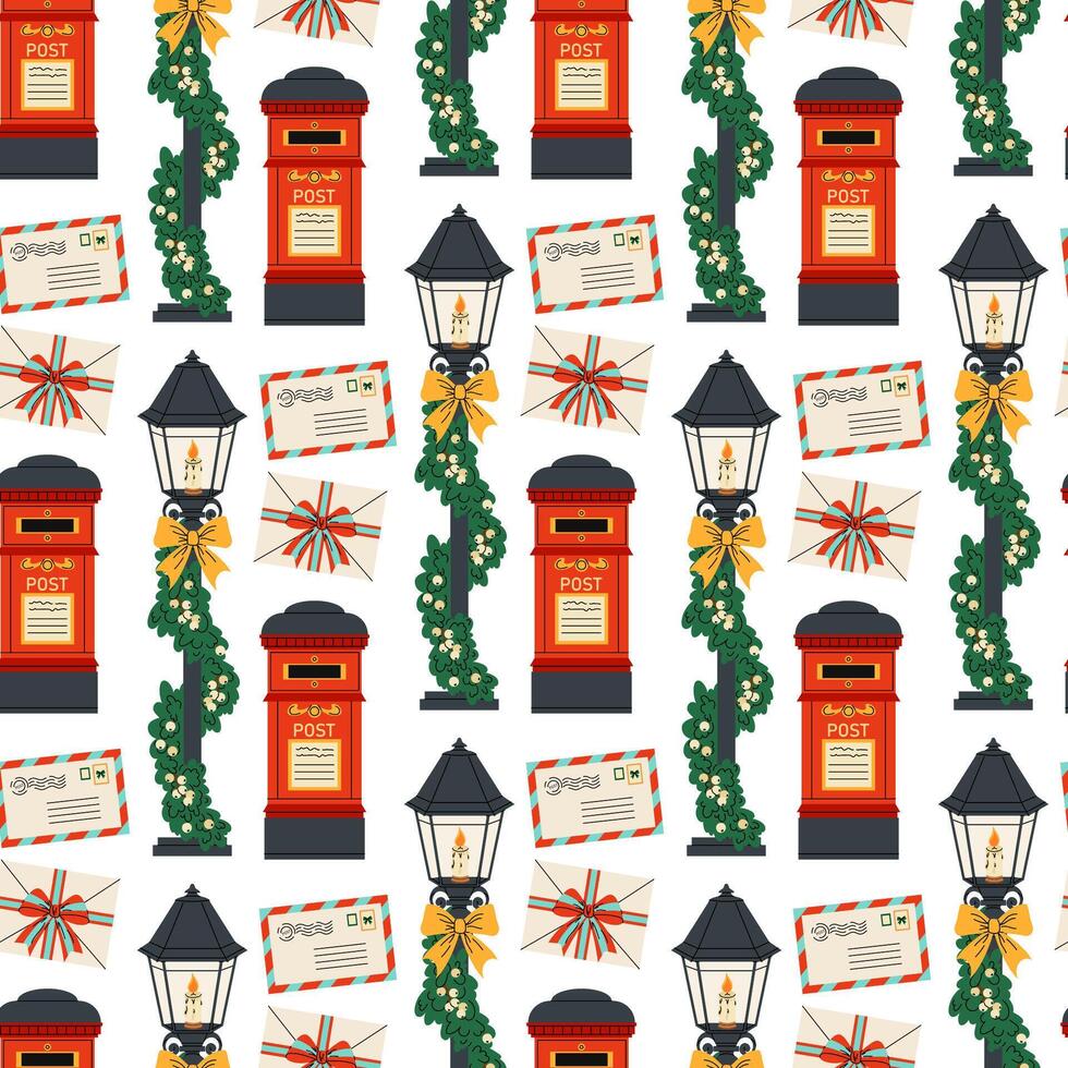 Postbox. Paper envelope with letter. Street lamp. Christmas seamless pattern. For textile, wrapping paper, background. vector