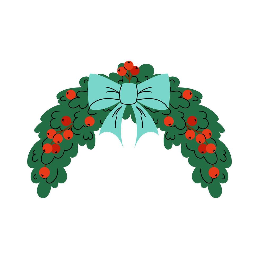 Christmas wreath with ilex berries and blue bow. Spruce arch. Frame or border for card, poster, invitation. Flat illustration on white background. vector