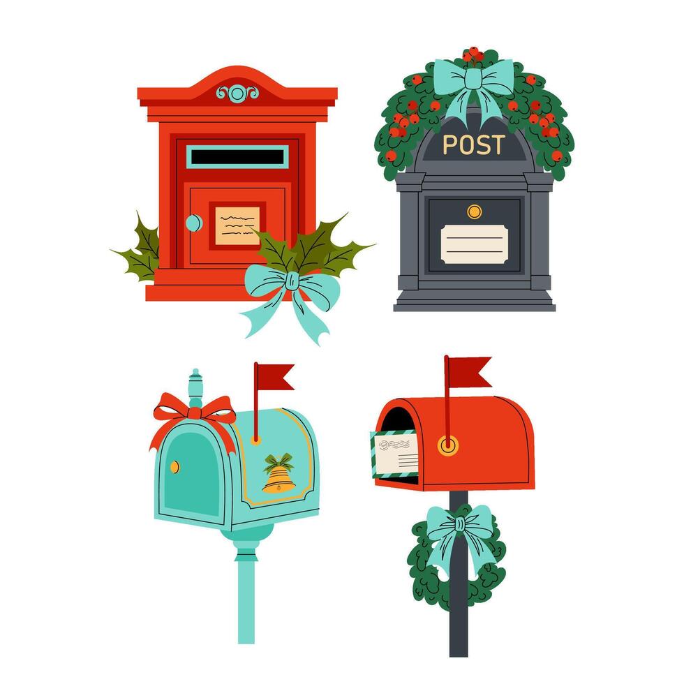 Different boxes for letters. Set illustrations letterbox. Christmas decor for cards, backgrounds, invitations, letters. vector