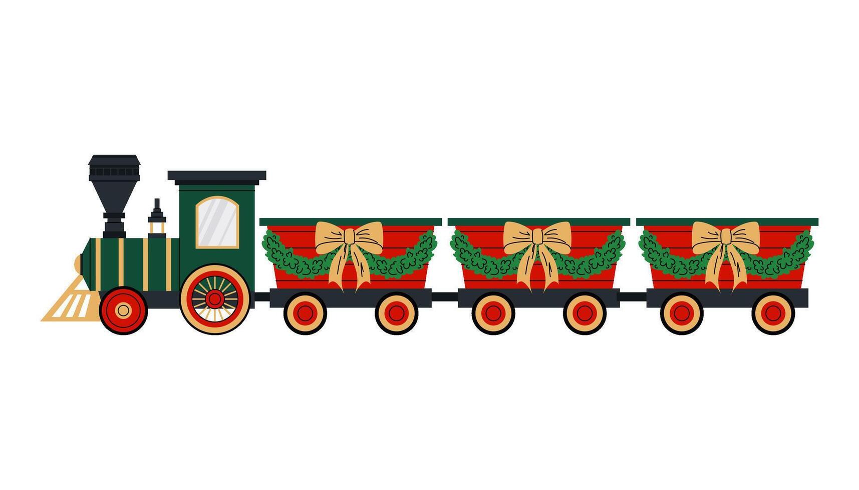 Christmas train toy. Steam train with wagons decorated with Christmas wreaths and bows. Flat illustration on white background. vector